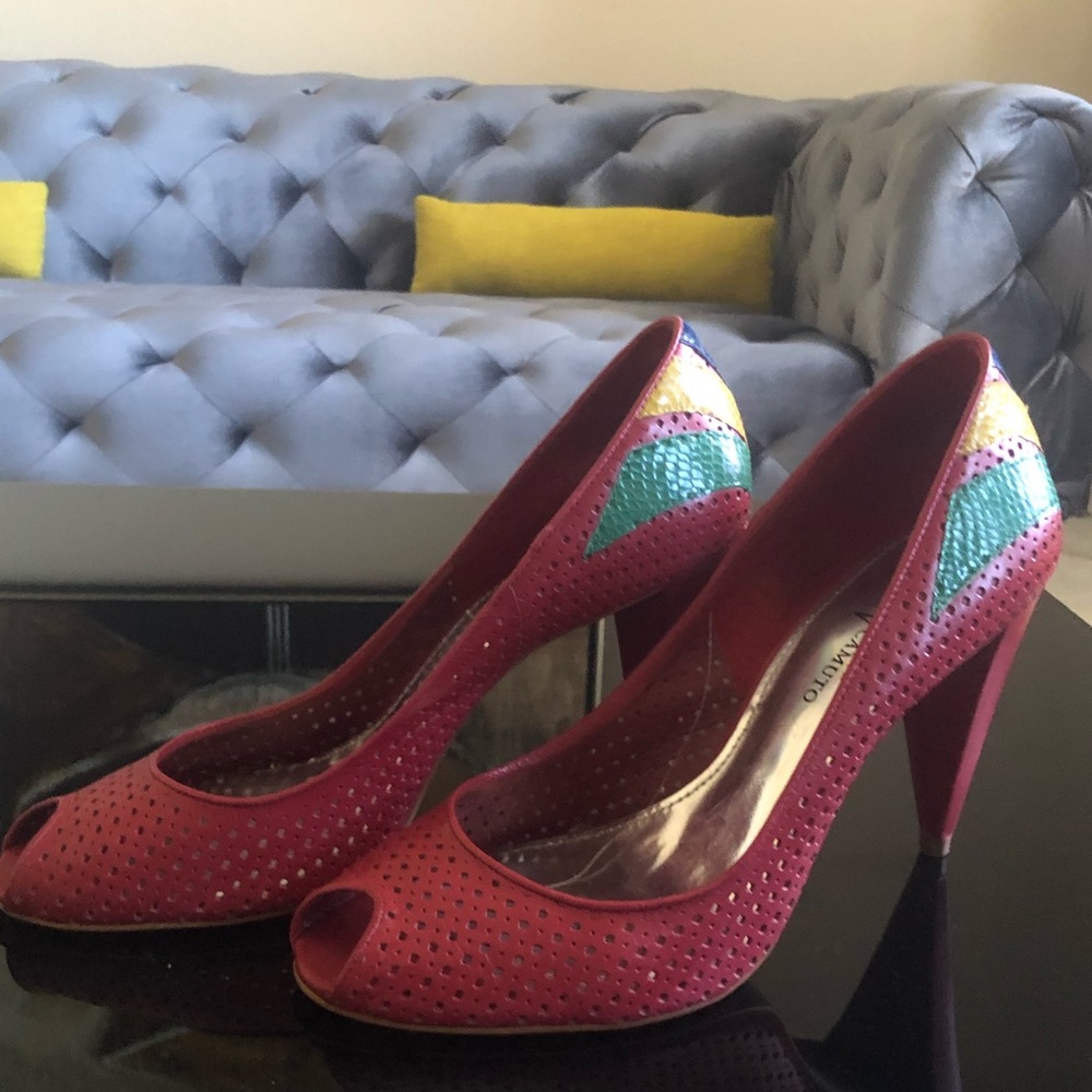 Vince Camuto Pink Peep-Toe Heels with Green and Gold Accents
